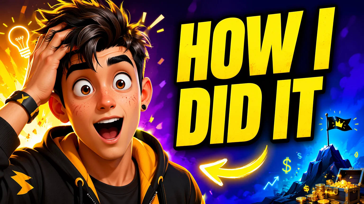 High-CTR AI YouTube thumbnail reading HOW I DID IT with a shocked reaction face on an original character