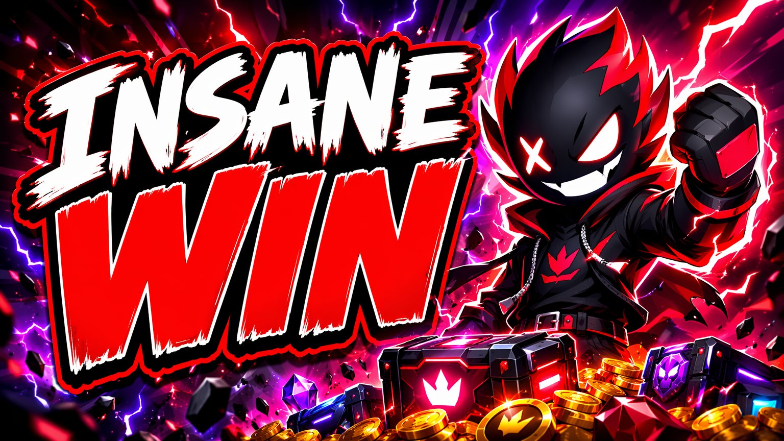 AI gaming YouTube thumbnail reading INSANE WIN with a hyped original character