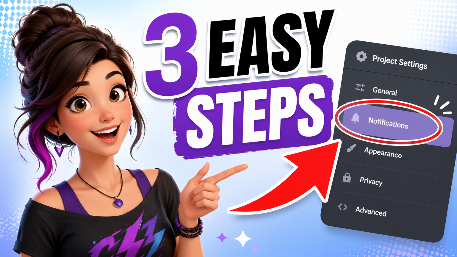 AI tutorial YouTube thumbnail reading 3 EASY STEPS with an original character explaining