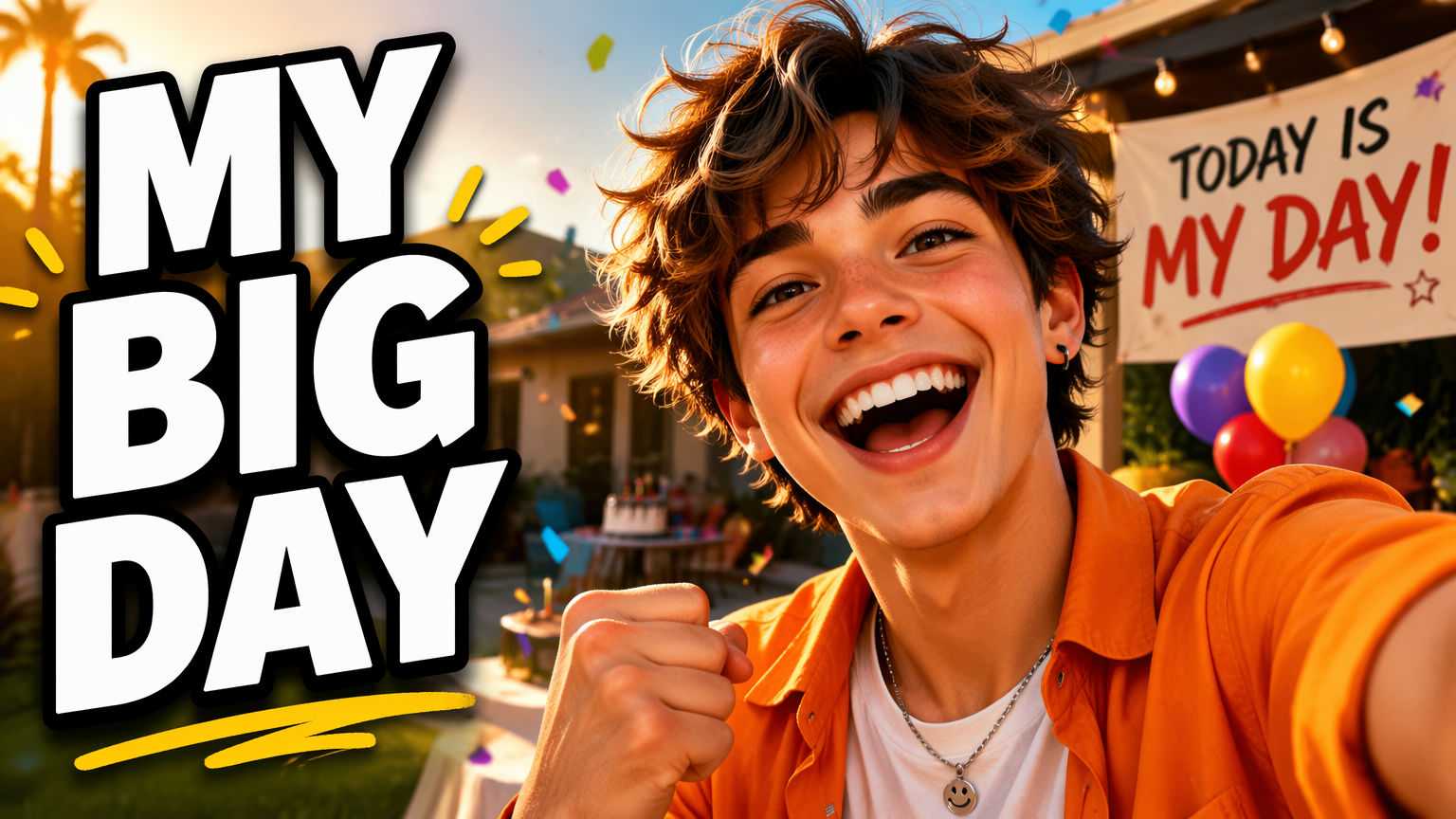 AI vlog YouTube thumbnail reading MY BIG DAY with an expressive original character