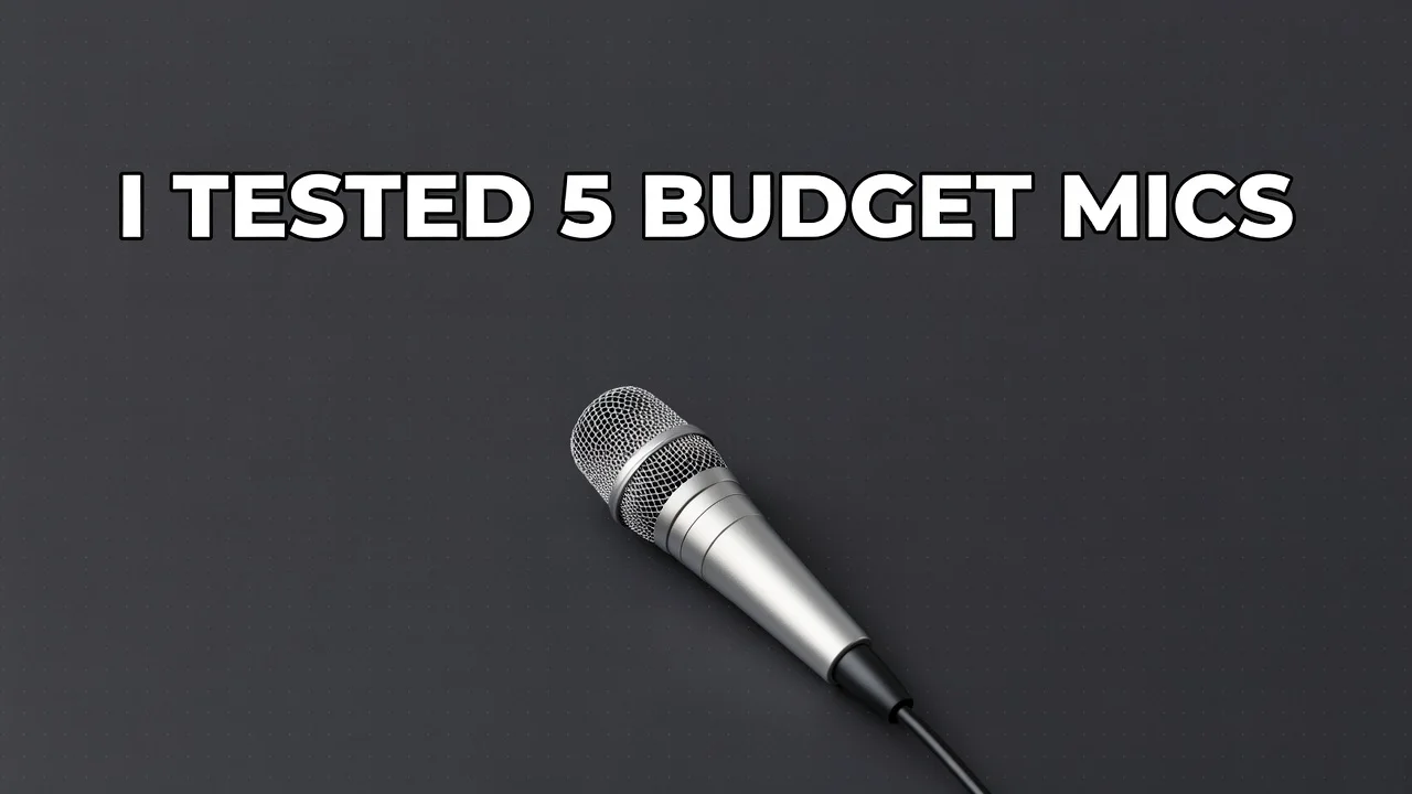 AI YouTube thumbnail in clean tech style: a microphone on a dark background with the headline I TESTED 5 BUDGET MICS