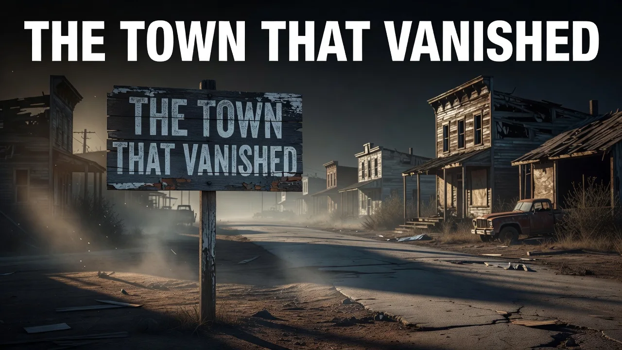 AI YouTube thumbnail in cinematic style: an abandoned town with the headline THE TOWN THAT VANISHED, repeated on a wooden sign in the scene