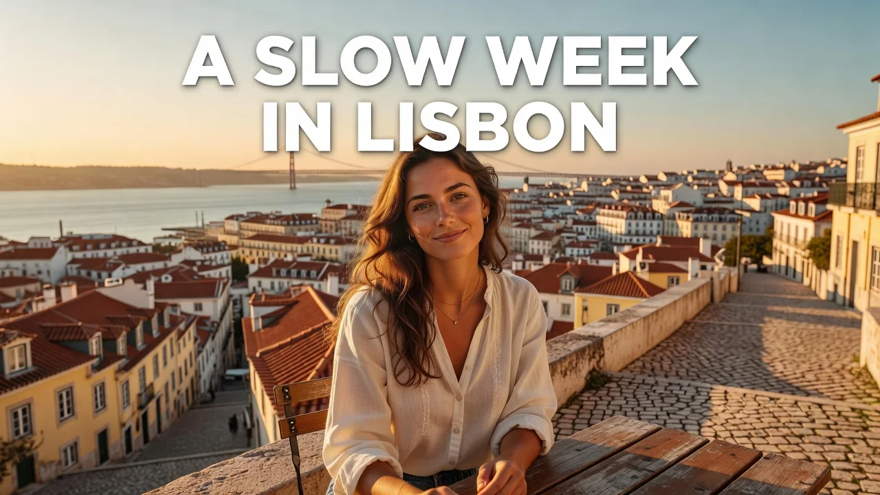 AI YouTube thumbnail in lifestyle vlog style with the headline A SLOW WEEK IN LISBON