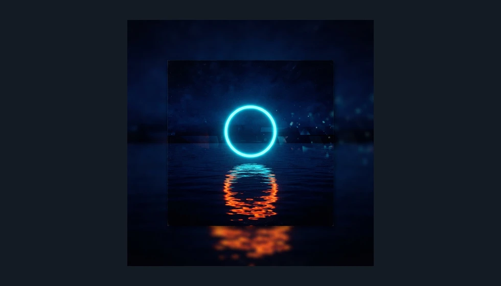 Electronic cover artwork with a cyan ring and orange reflections on dark water