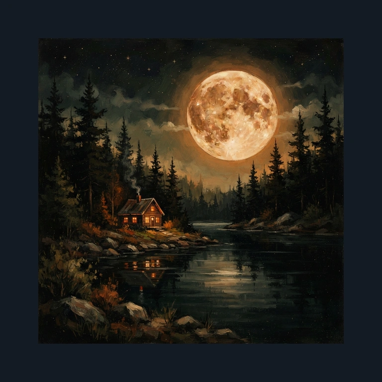 Square indie album artwork showing a cabin beside a lake beneath an amber moon