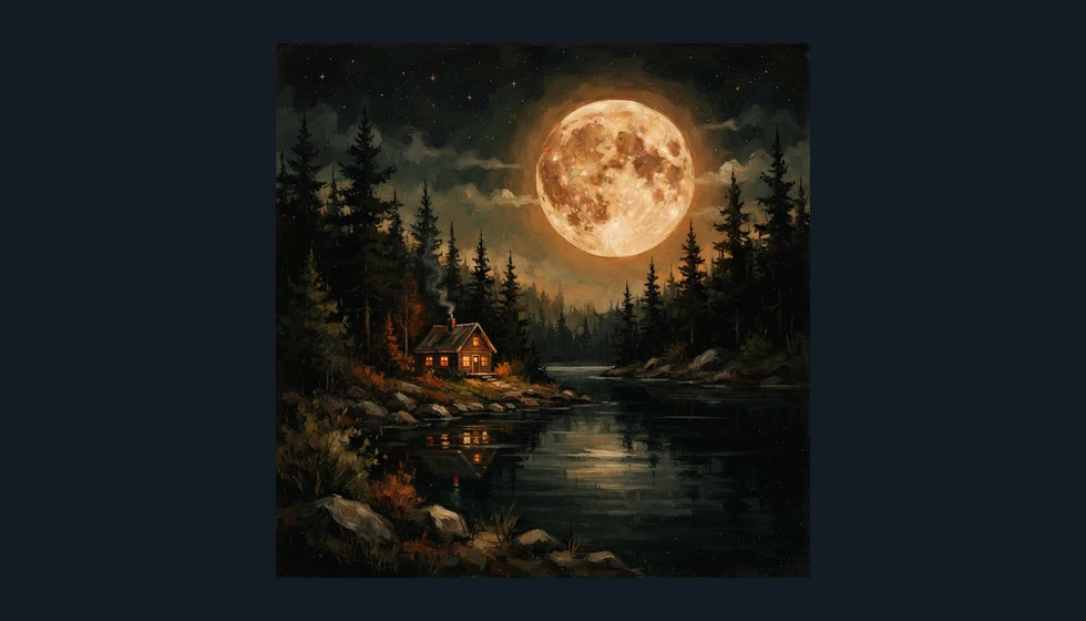 Square indie album artwork showing a cabin beside a lake beneath an amber moon
