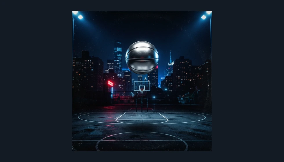 Hip hop cover artwork featuring a silver basketball above a midnight court