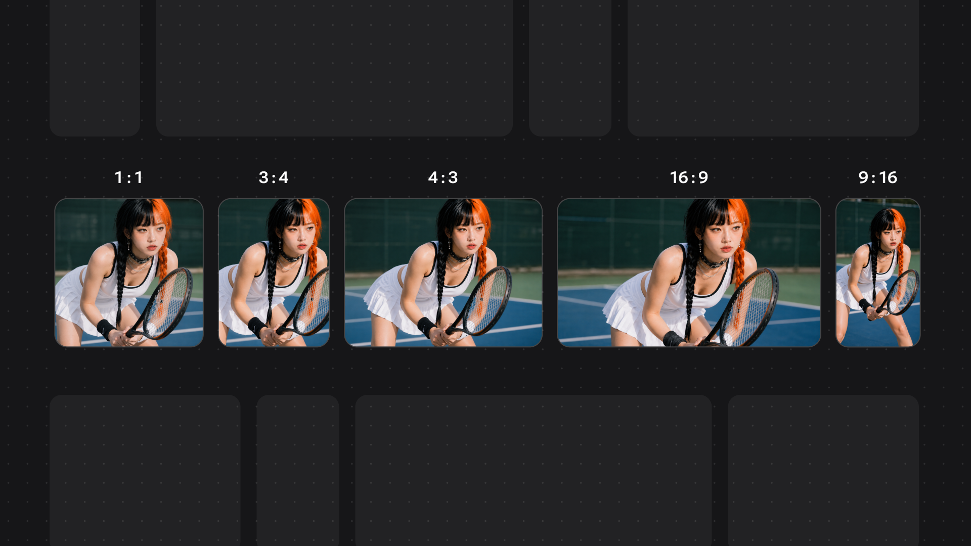 Aspect-ratio selection grid in Renoise Canvas showing 9:16, 1:1, and 16:9 options