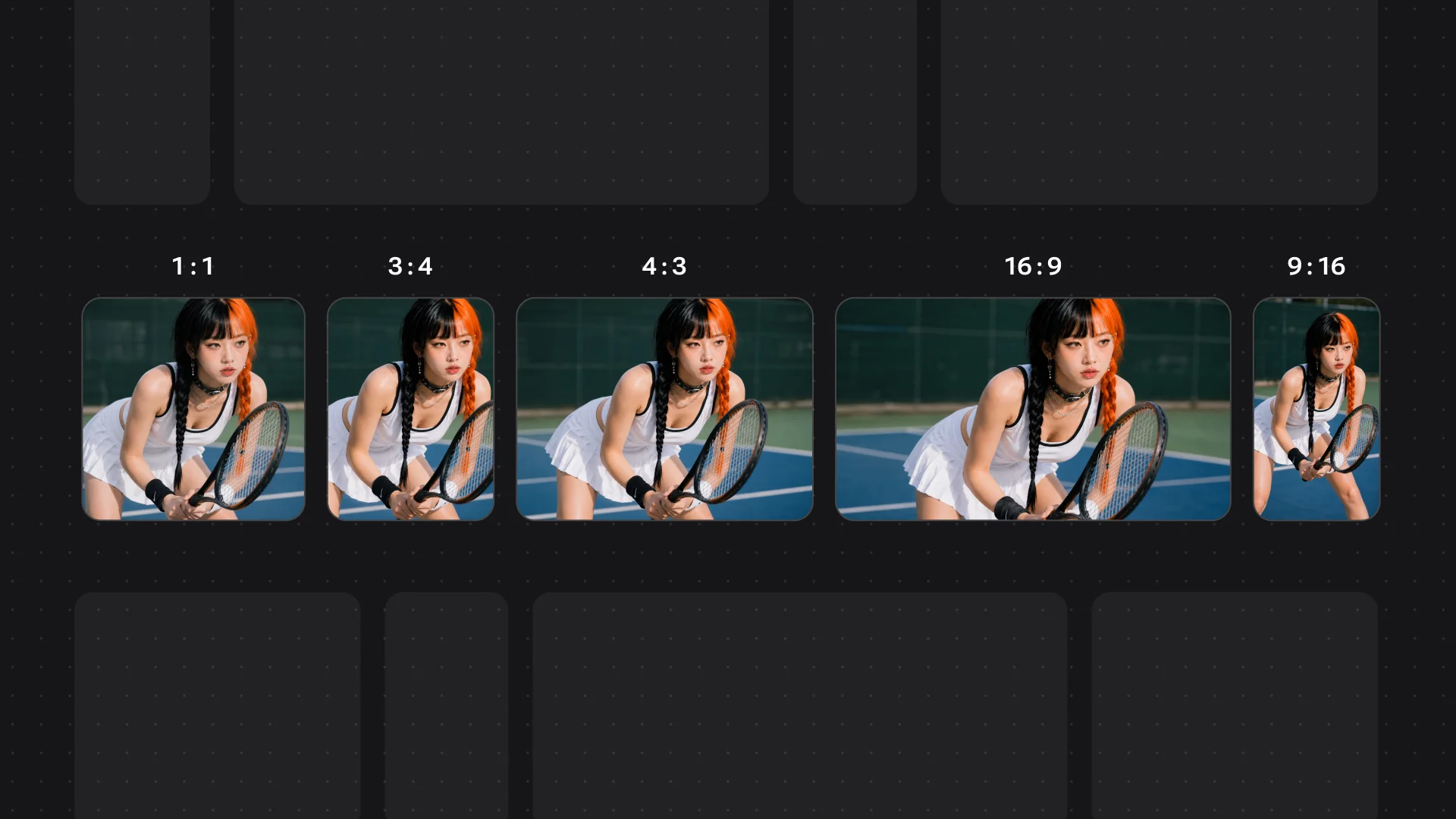 The same portrait shown across five aspect-ratio crops — 1:1, 3:4, 4:3, 16:9, and 9:16