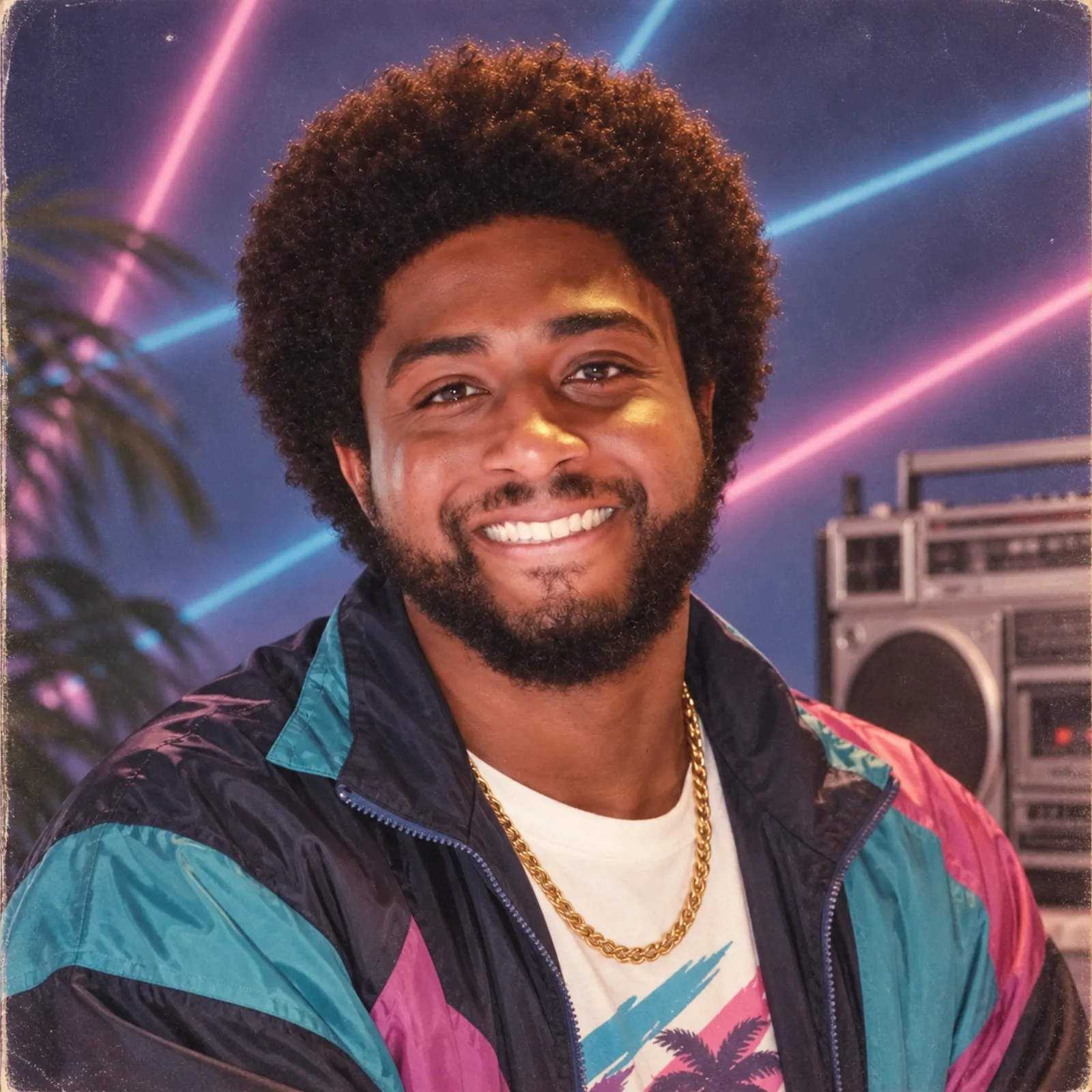 An ’80s-style portrait of a smiling man with curly hair in a teal, navy and pink windbreaker with a gold chain, lit by neon and posed with a boombox.