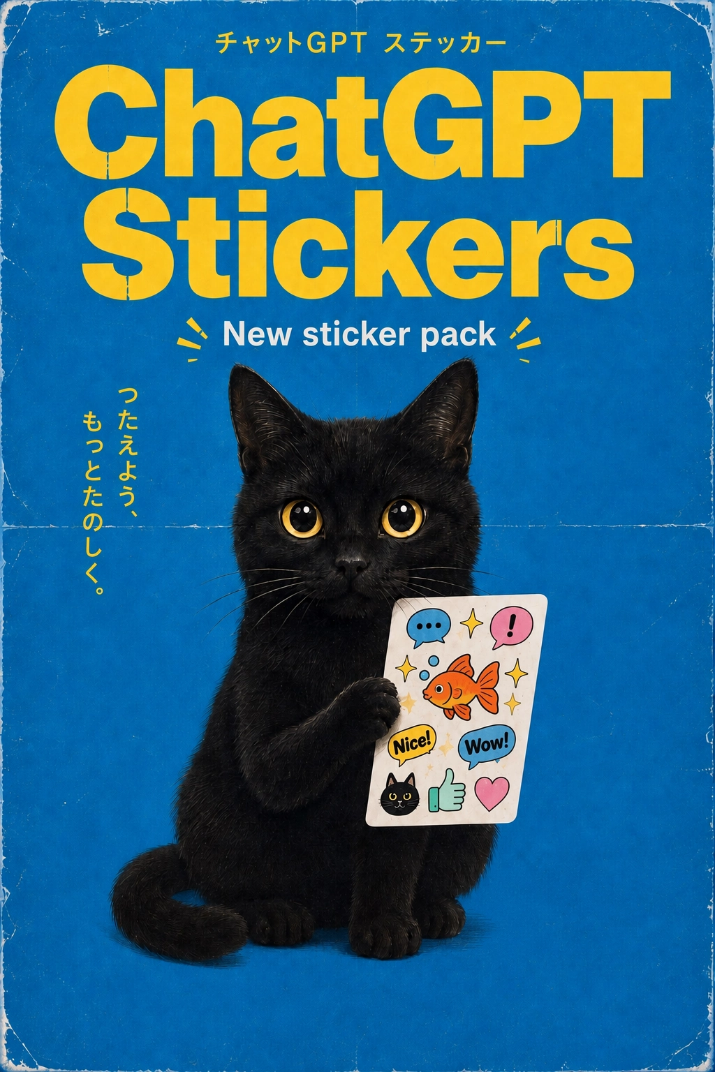 A vintage-style blue poster reading “ChatGPT Stickers” and “New sticker pack” in yellow and white lettering, with a black cat holding a sheet of illustrated stickers and additional Japanese text.