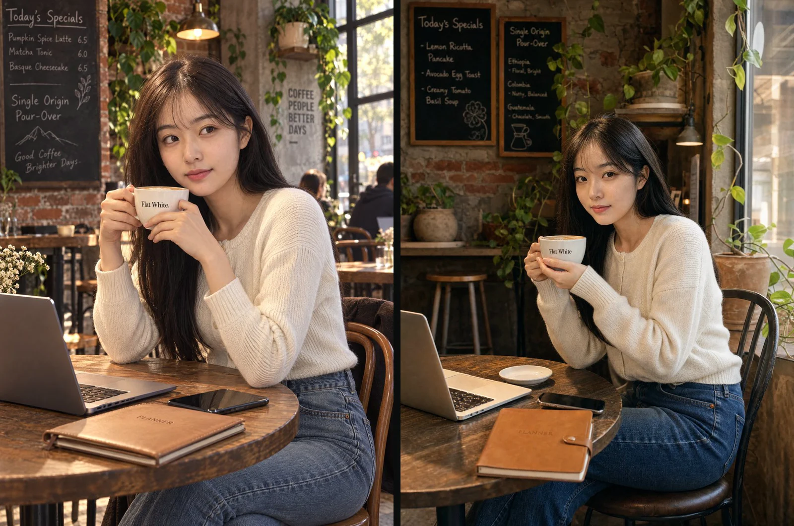 Two versions of the same café portrait side by side: a woman in a cream sweater holds a cup lettered Flat White, with handwritten chalkboard menus on the brick wall behind her.