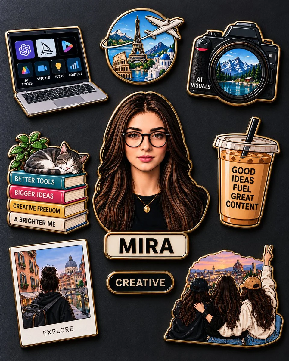 Eight glossy enamel pins arranged on a dark background: a portrait pin of a woman in glasses, a laptop, a camera, a travel scene, an iced coffee and a stack of books, plus two lettered pins.