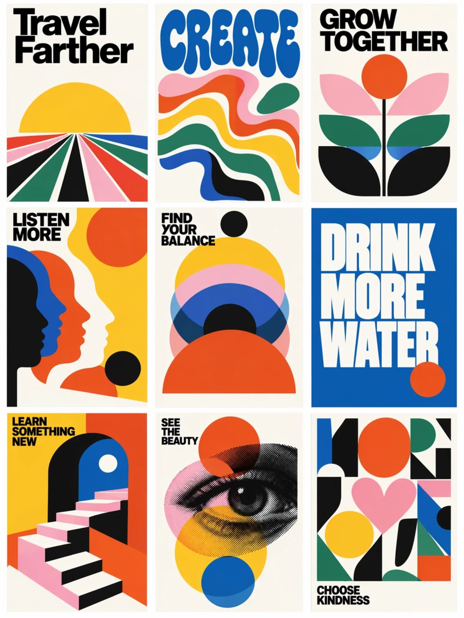 Nine mid-century modern posters in a three-by-three grid pairing bold lettering with geometric illustrations; slogans include Create, Grow together and Choose kindness.