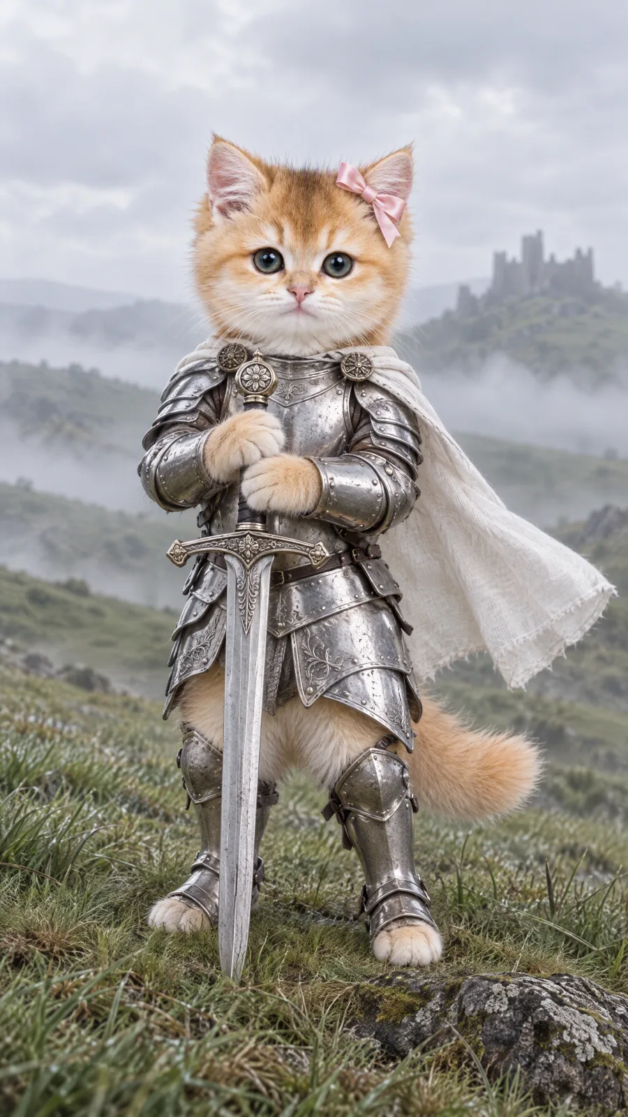 March the ginger kitten standing upright in fitted silver plate armor with no helmet, a short white cape and a pink bow on her left ear, holding a long sword upright with both paws on a foggy grass hill