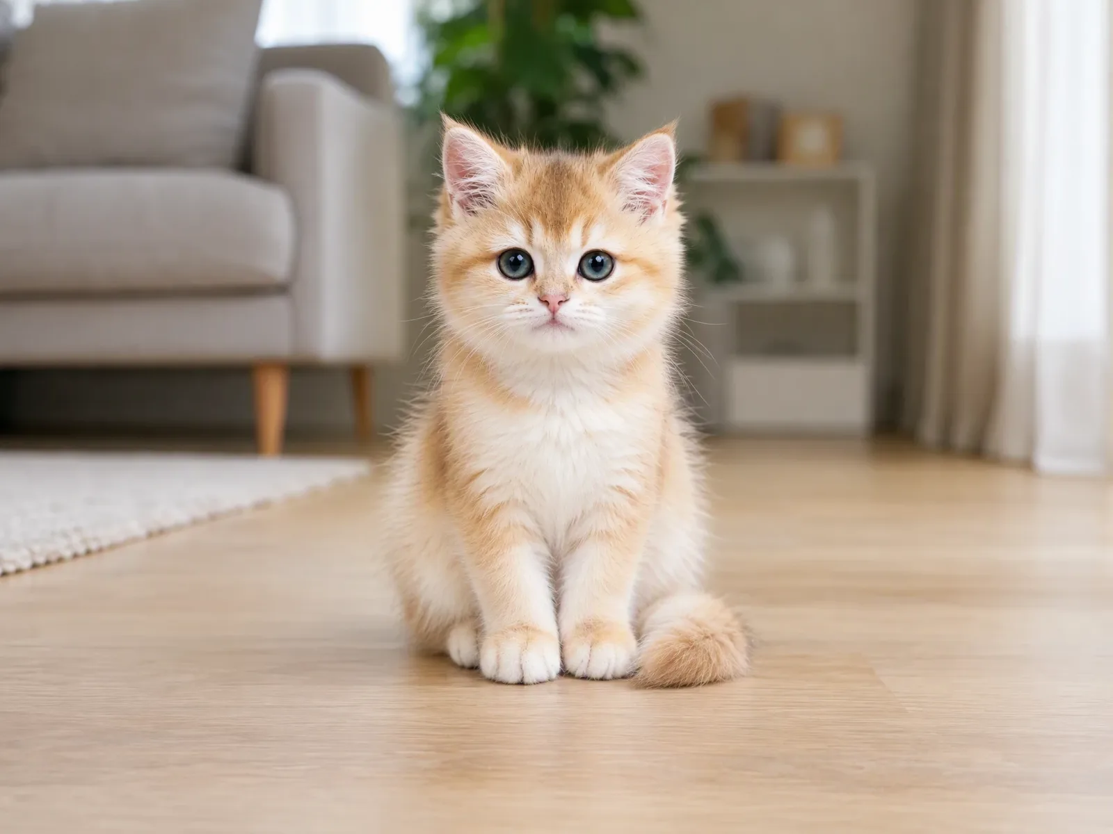 A three-month-old cream-and-ginger kitten named March sitting upright on a light wooden floor in a bright living room, facing the camera