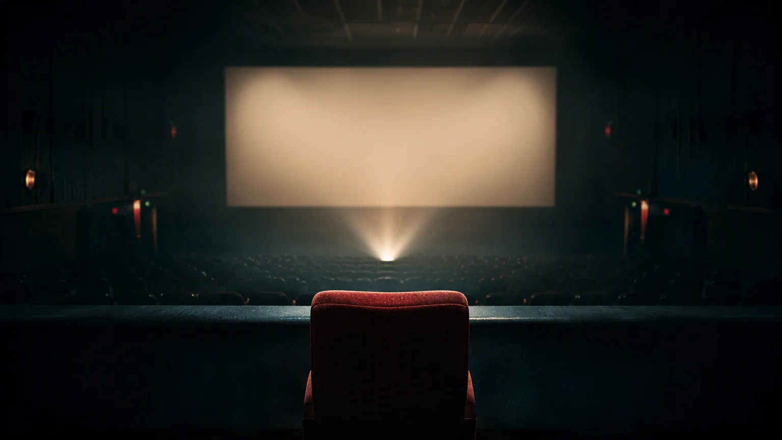 A cinema seat facing a blank screen, lit by the projector beam