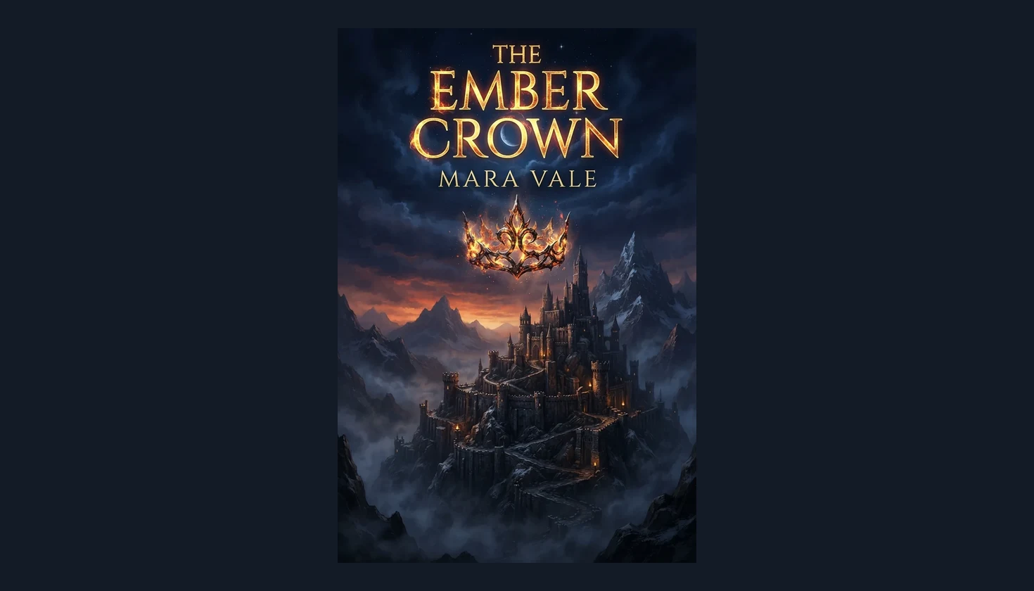 Fantasy book cover titled THE EMBER CROWN by Mara Vale, a burning crown above a mountain fortress