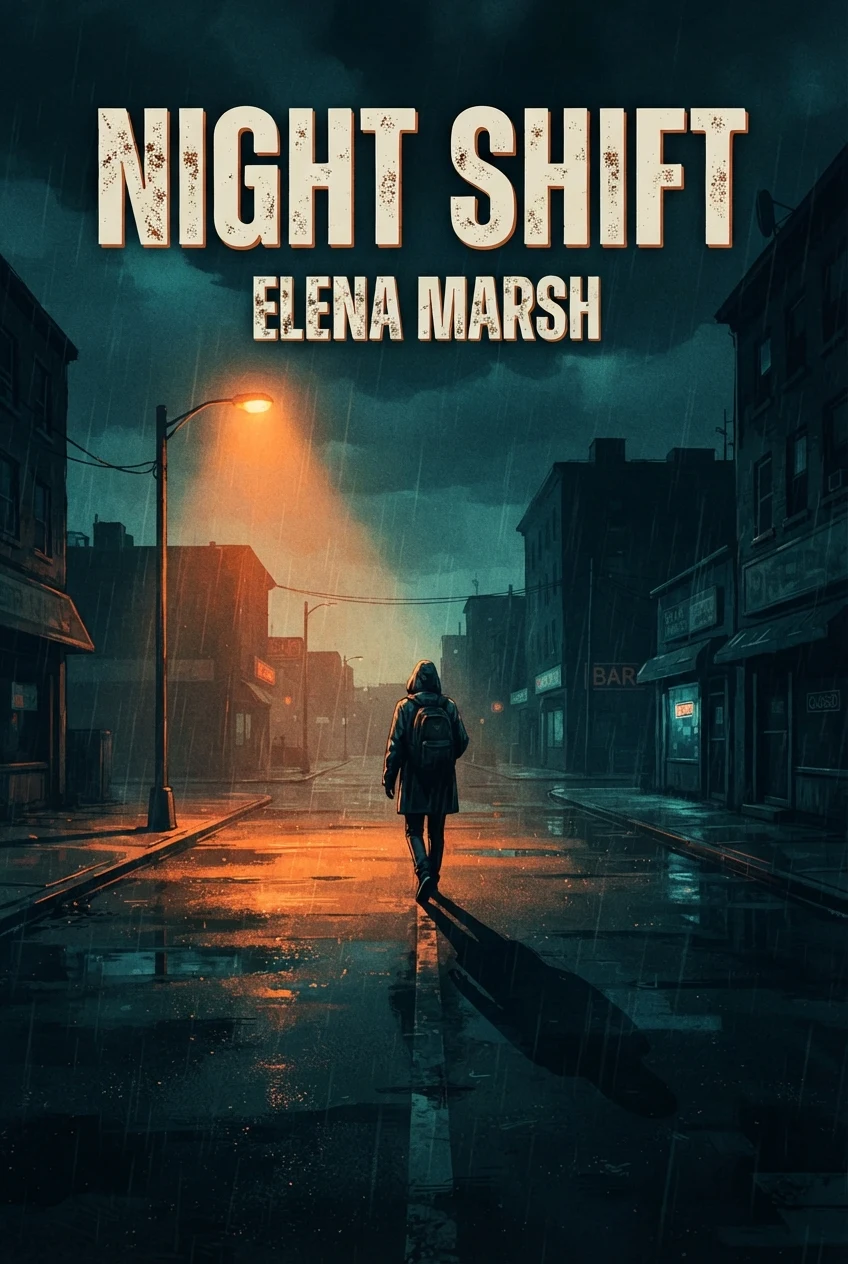 Portrait thriller book cover titled NIGHT SHIFT by Elena Marsh, a hooded figure walking down a rain-soaked street under one streetlight