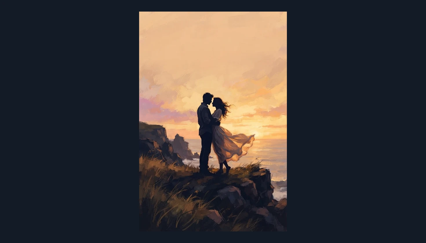 Painterly romance cover artwork of a couple embracing on a seaside cliff at sunset, with no text