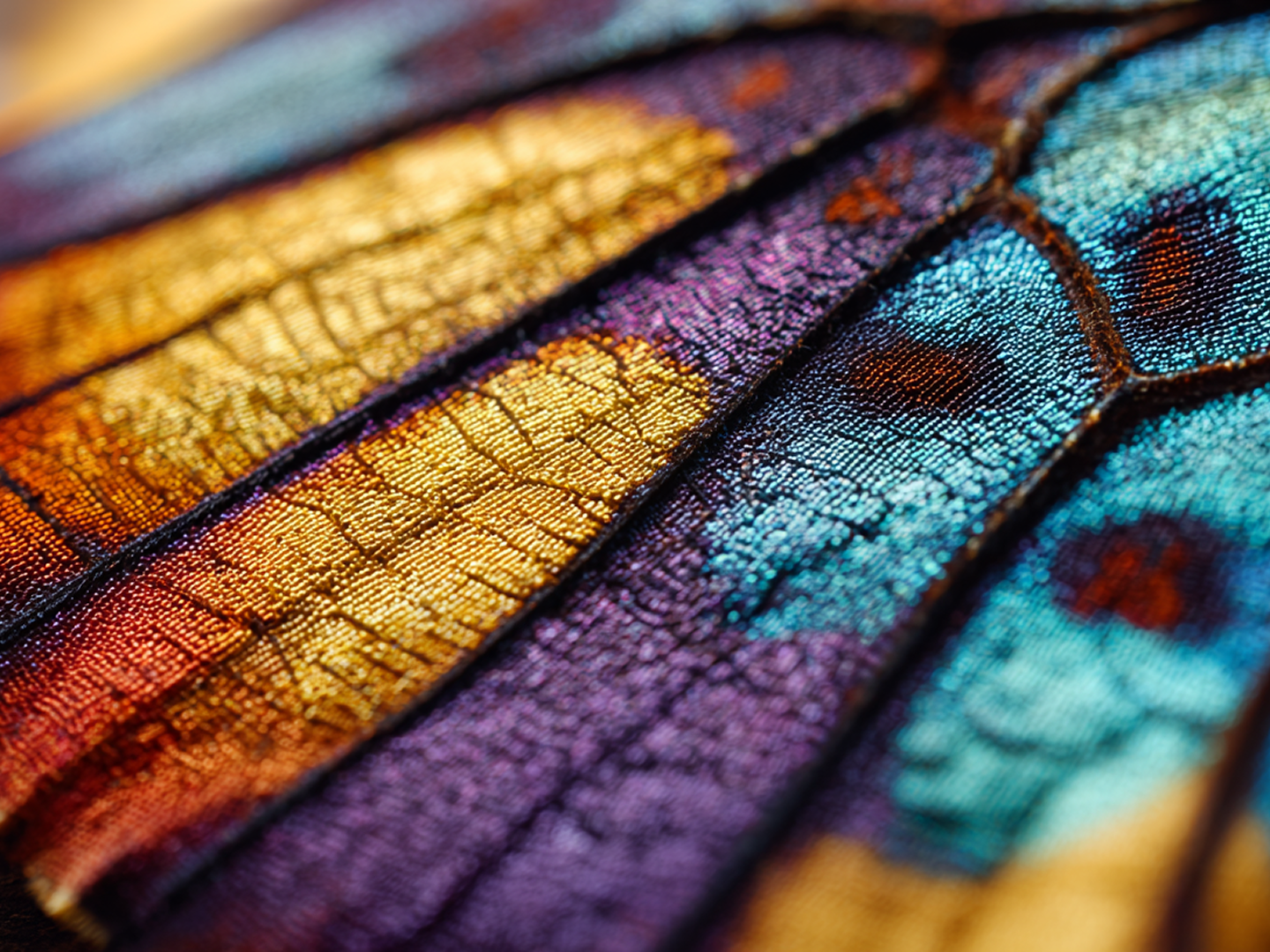 Extreme macro of an iridescent butterfly wing — gold, deep purple, and teal scales in a metallic-mosaic texture