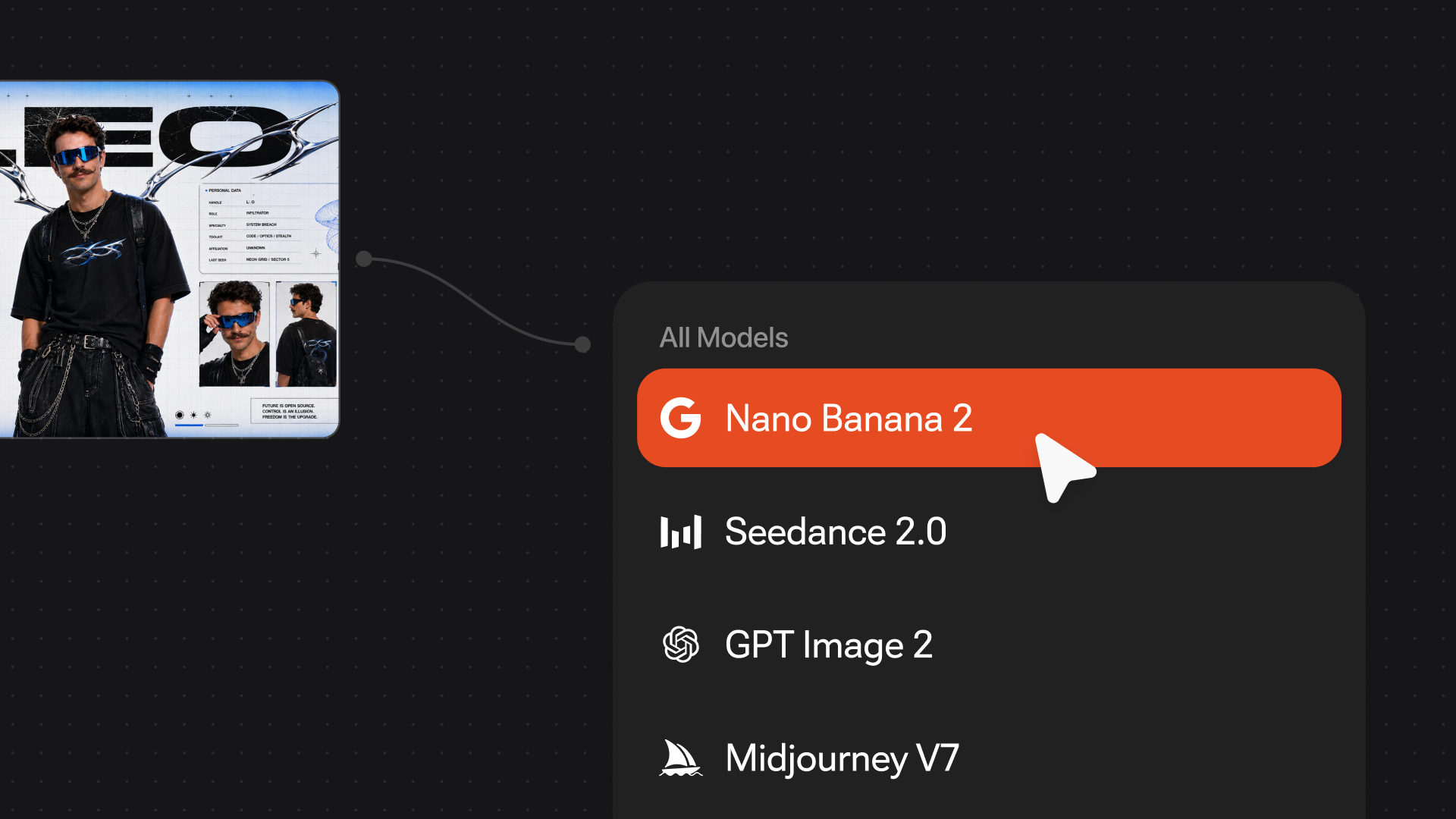 Selecting Nano Banana Pro from the model menu in the Renoise Canvas