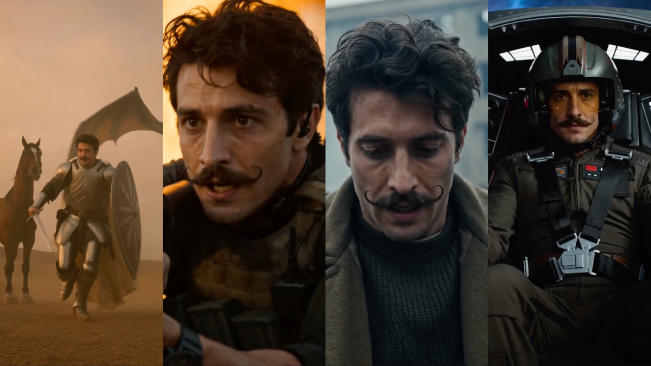 La misma persona original renderizada en cuatro roles cinematográficos con una cara coherente