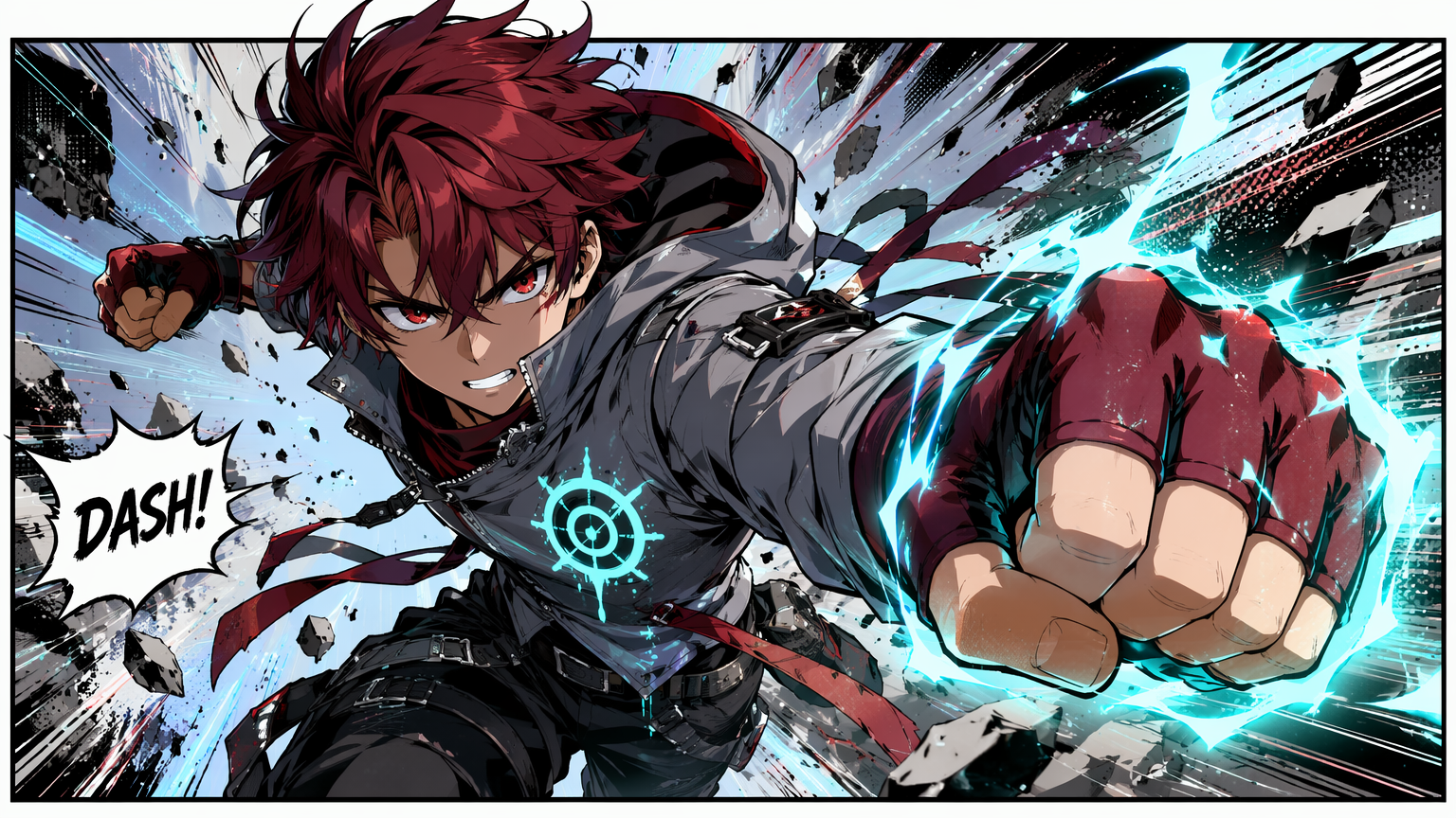 High-motion comic fight panel of the same hero lunging with a glowing fist and a "DASH!" sound effect