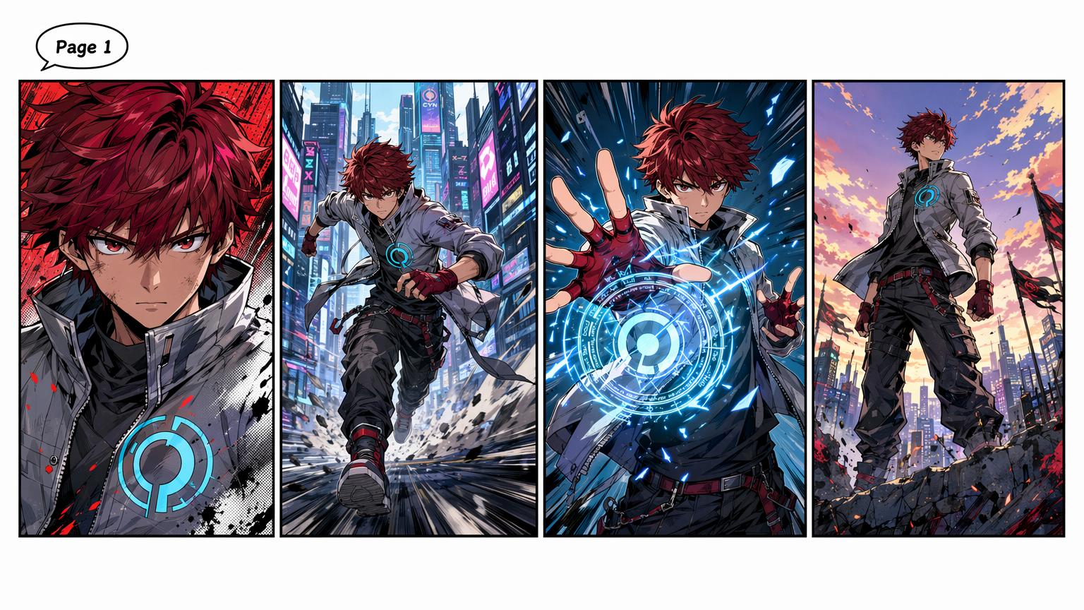 A finished four-panel comic page rendered in Renoise featuring one consistent original character