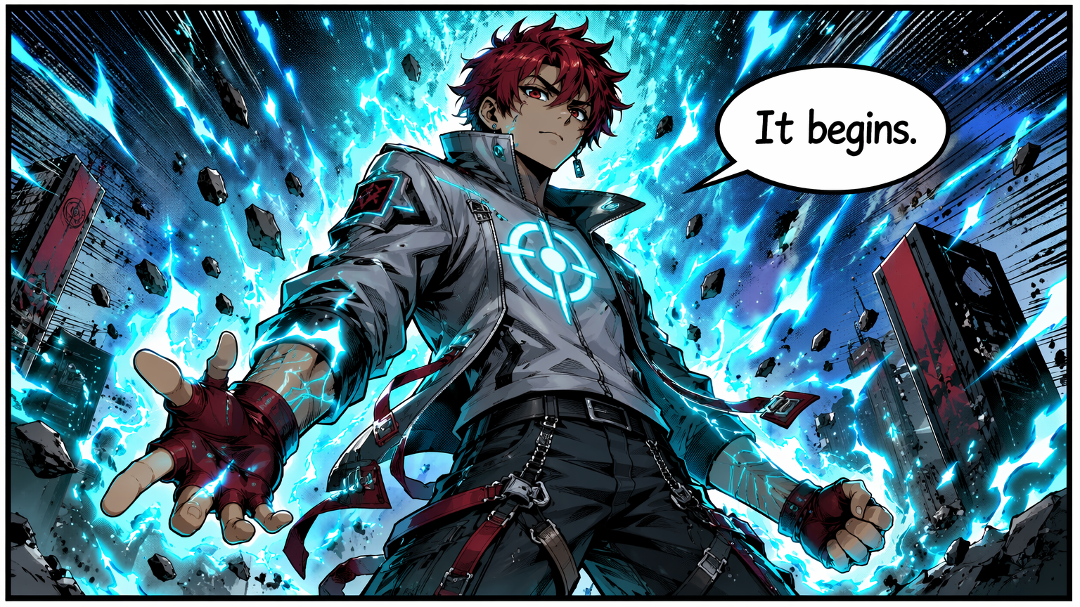Comic splash panel of the hero in a dramatic suit-up entrance with an "It begins." dialogue bubble