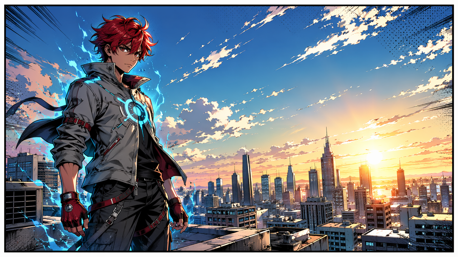 Original comic hero standing on a city rooftop at sunrise, colored shōnen-manga style