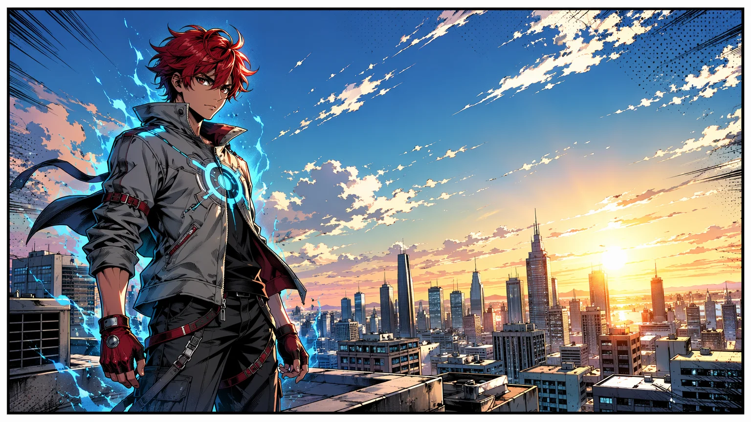 Original comic hero standing on a city rooftop at sunrise, colored shōnen-manga style