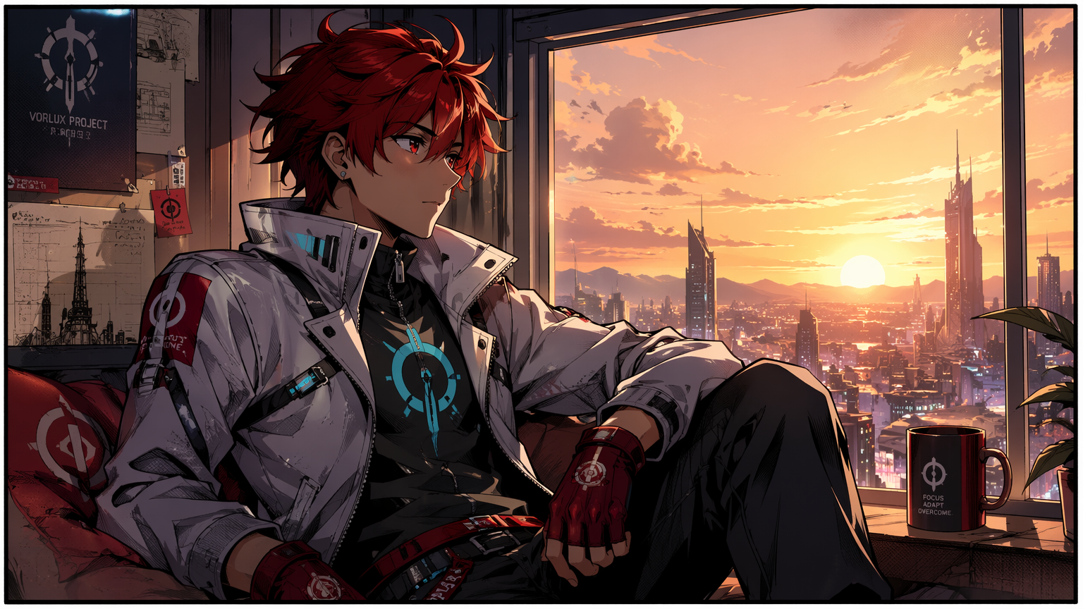 Quiet comic panel of the same hero resting by a window at golden-hour dusk
