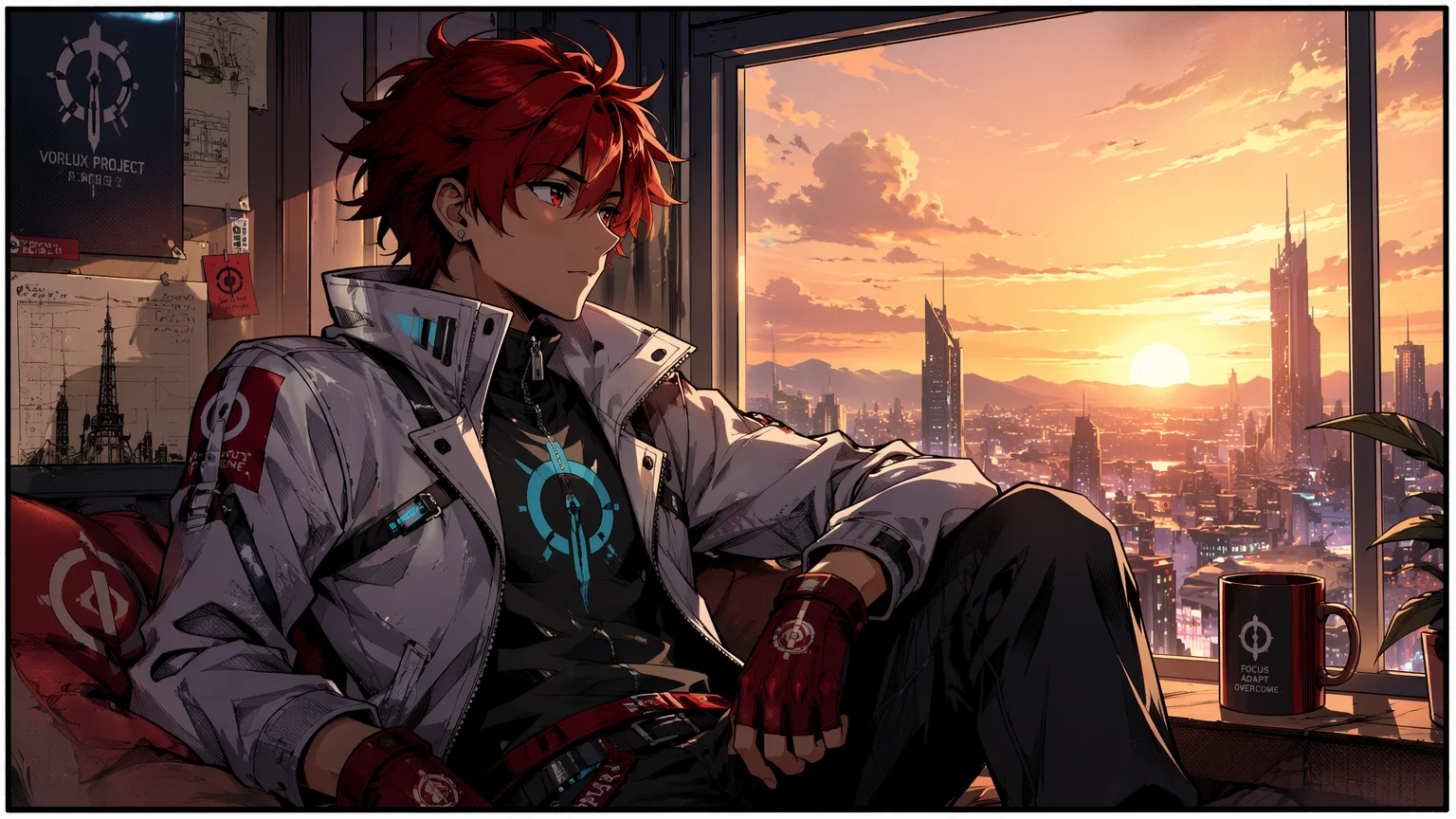 Quiet comic panel of the same hero resting by a window at golden-hour dusk