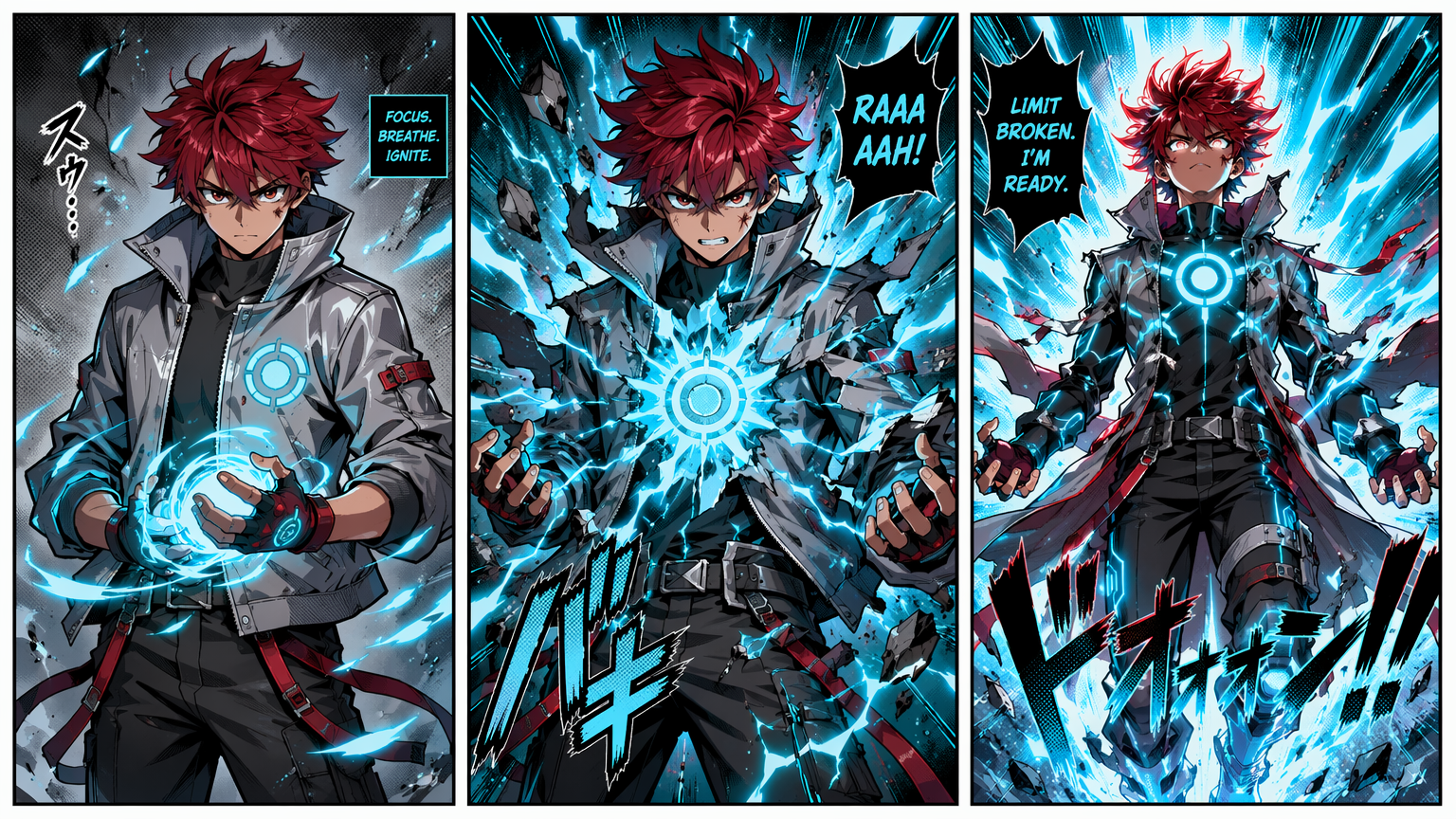 Three-panel comic strip showing the same hero powering up from calm to fully charged