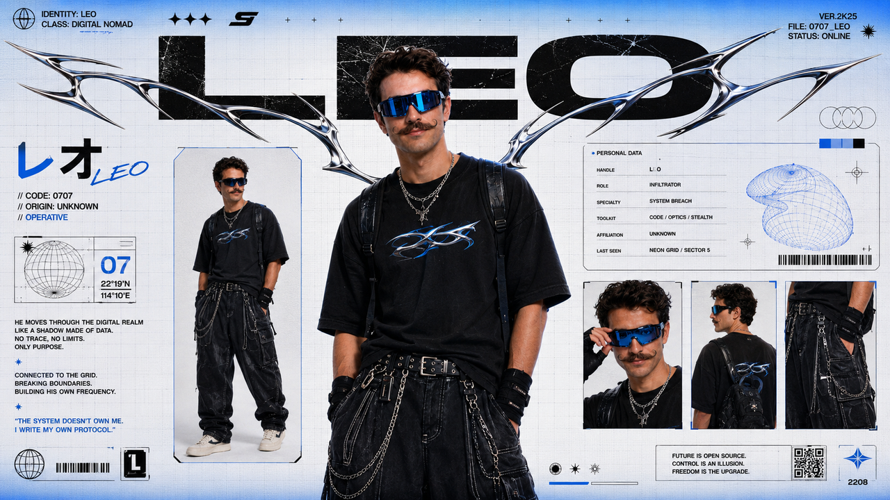 Cyberpunk character spec sheet with multiple angles
