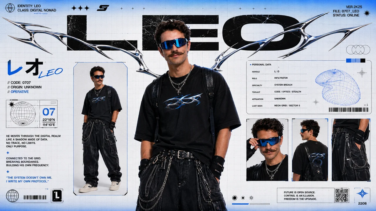 GPT Image 2 character profile sheet with accurate in-image text, wireframe graphics, and chrome accents