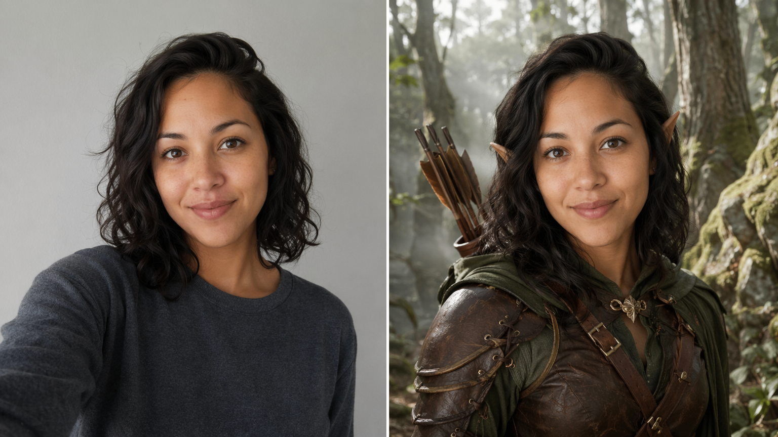 Antes e depois de uma troca de rosto com IA: uma selfie simples ao lado do mesmo rosto trocado em uma exploradora elfa de fantasia em uma floresta