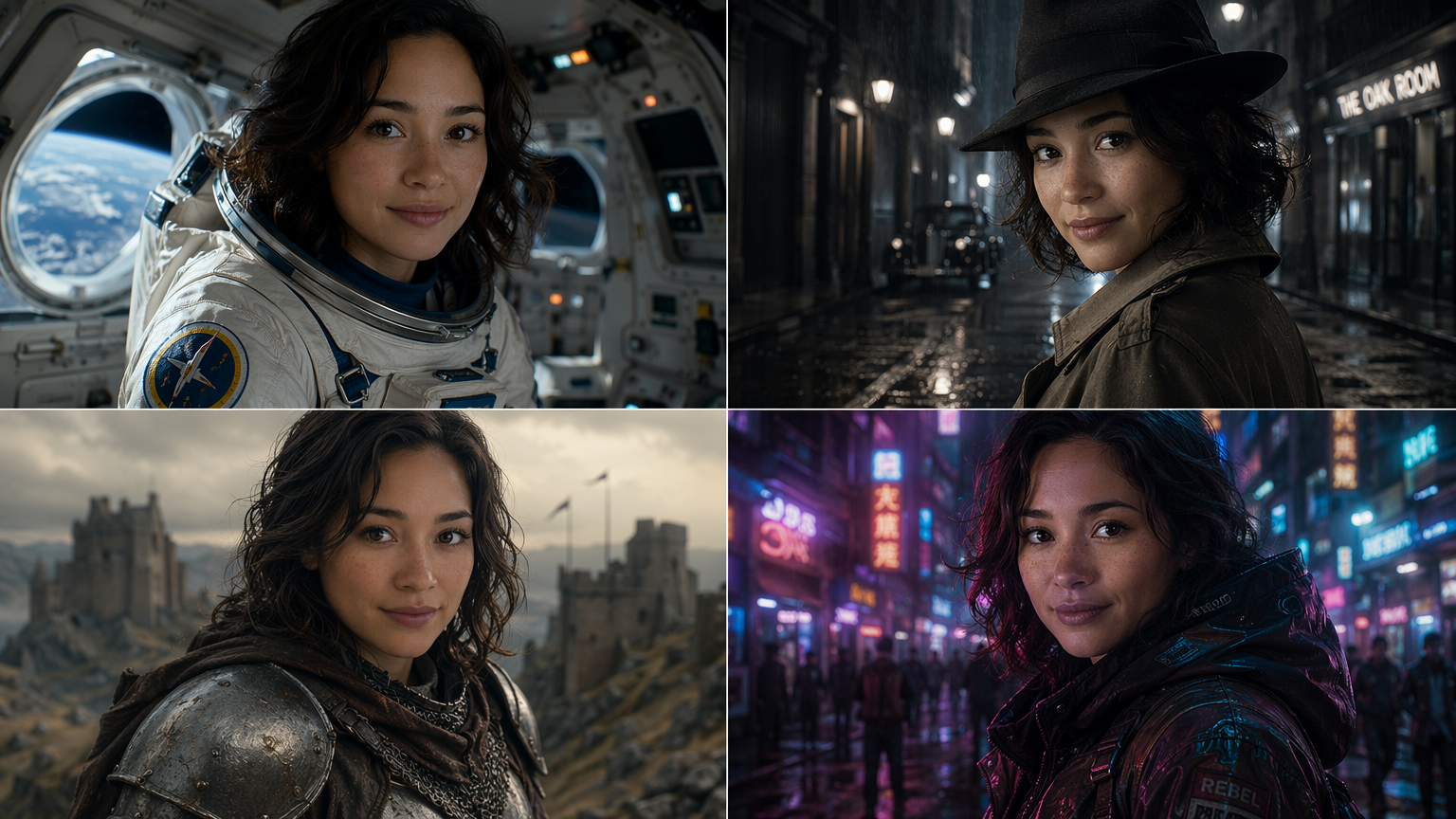 O mesmo rosto original trocado em quatro cenas: astronauta, detetive noir, guerreiro de fantasia e cyberpunk