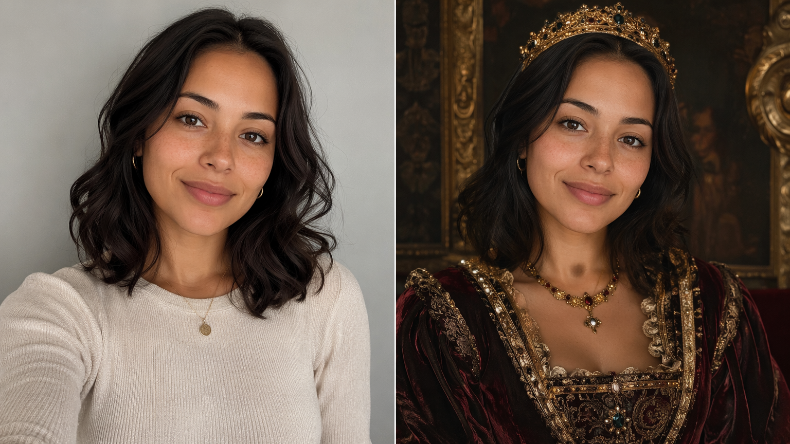 Antes e depois de uma troca de rosto com IA: uma selfie simples ao lado do mesmo rosto trocado em uma pintura a óleo de realeza renascentista