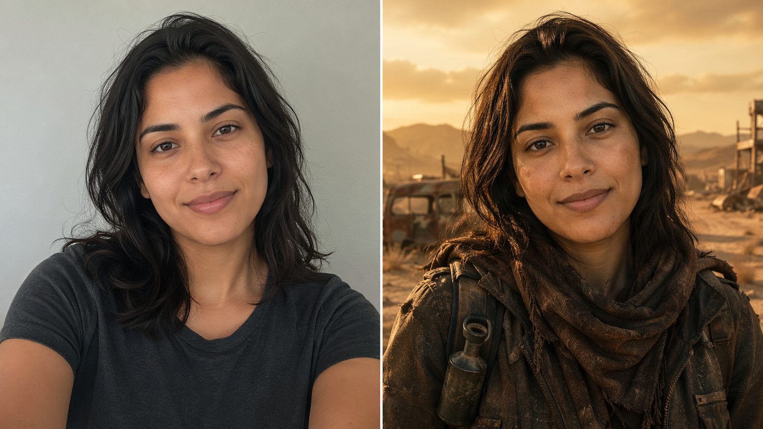 Antes e depois de uma troca de rosto com IA: uma selfie simples ao lado do mesmo rosto trocado em um sobrevivente do deserto pós-apocalíptico