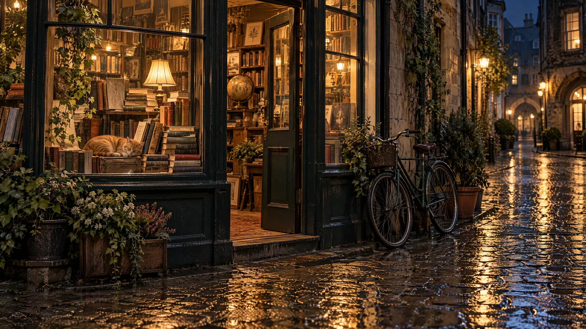 Eckbuchhandlung bei Nacht mit warmem Licht auf nassem Kopfsteinpflaster, einer schlafenden roten Katze im Schaufenster und einem Fahrrad davor