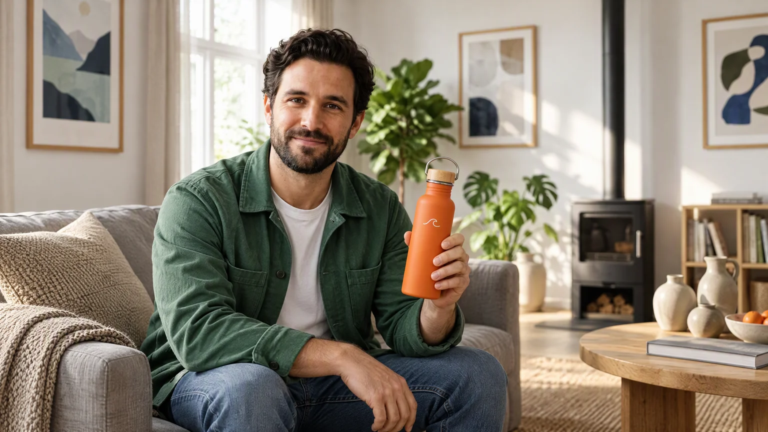 Mann in grüner Jacke mit einer orangefarbenen Flasche auf einem grauen Sofa in einem sonnigen Wohnzimmer