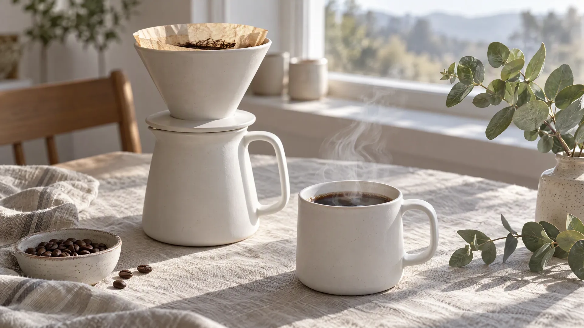 Weißes Pour-over-Kaffeeset aus Keramik und eine dampfende Tasse auf einer Leinentischdecke an einem Fenster am Morgen