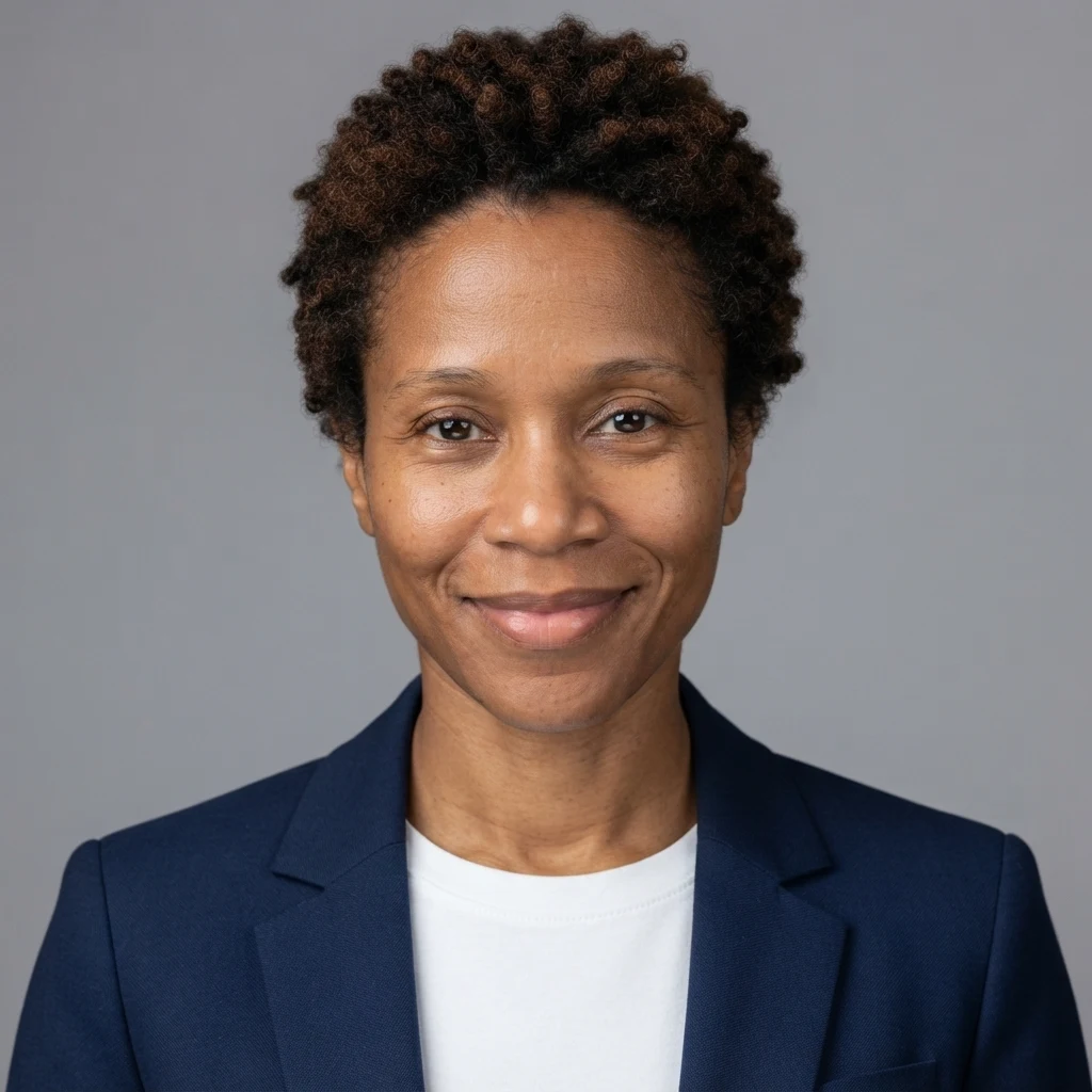 After: the same AI-generated fictional woman as a corporate studio headshot from the AI headshot generator, grey backdrop and navy blazer