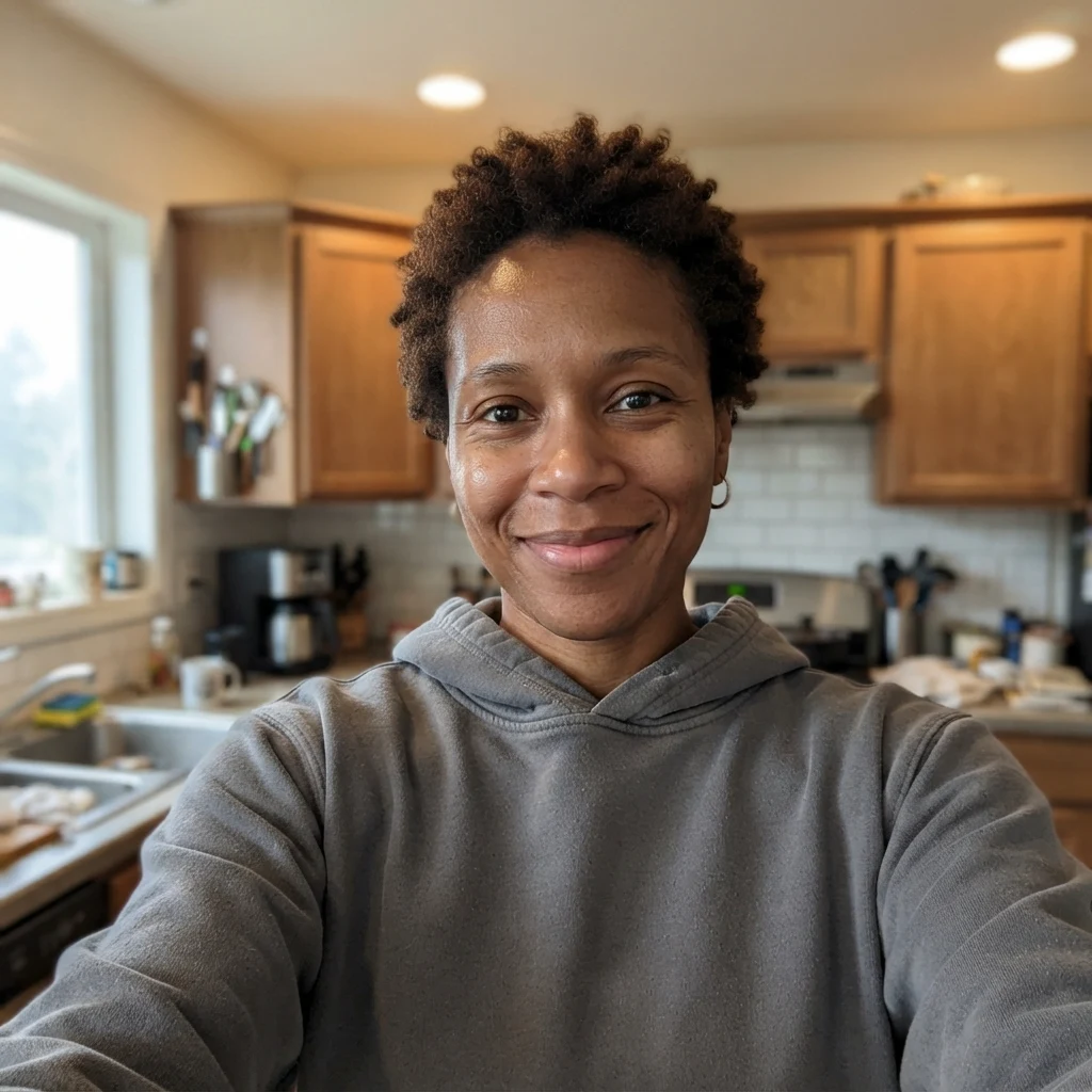 Before: a casual kitchen selfie of an AI-generated fictional woman in a grey hoodie, flat indoor light
