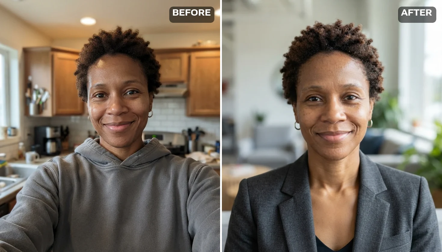 AI LinkedIn headshot: a casual kitchen selfie beside the office-look headshot of the same AI-generated fictional woman