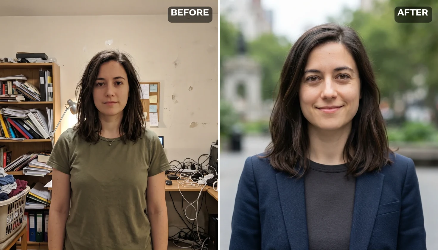 Outdoor professional headshot of an AI-generated fictional woman, city greenery out of focus, next to her original home-office photo