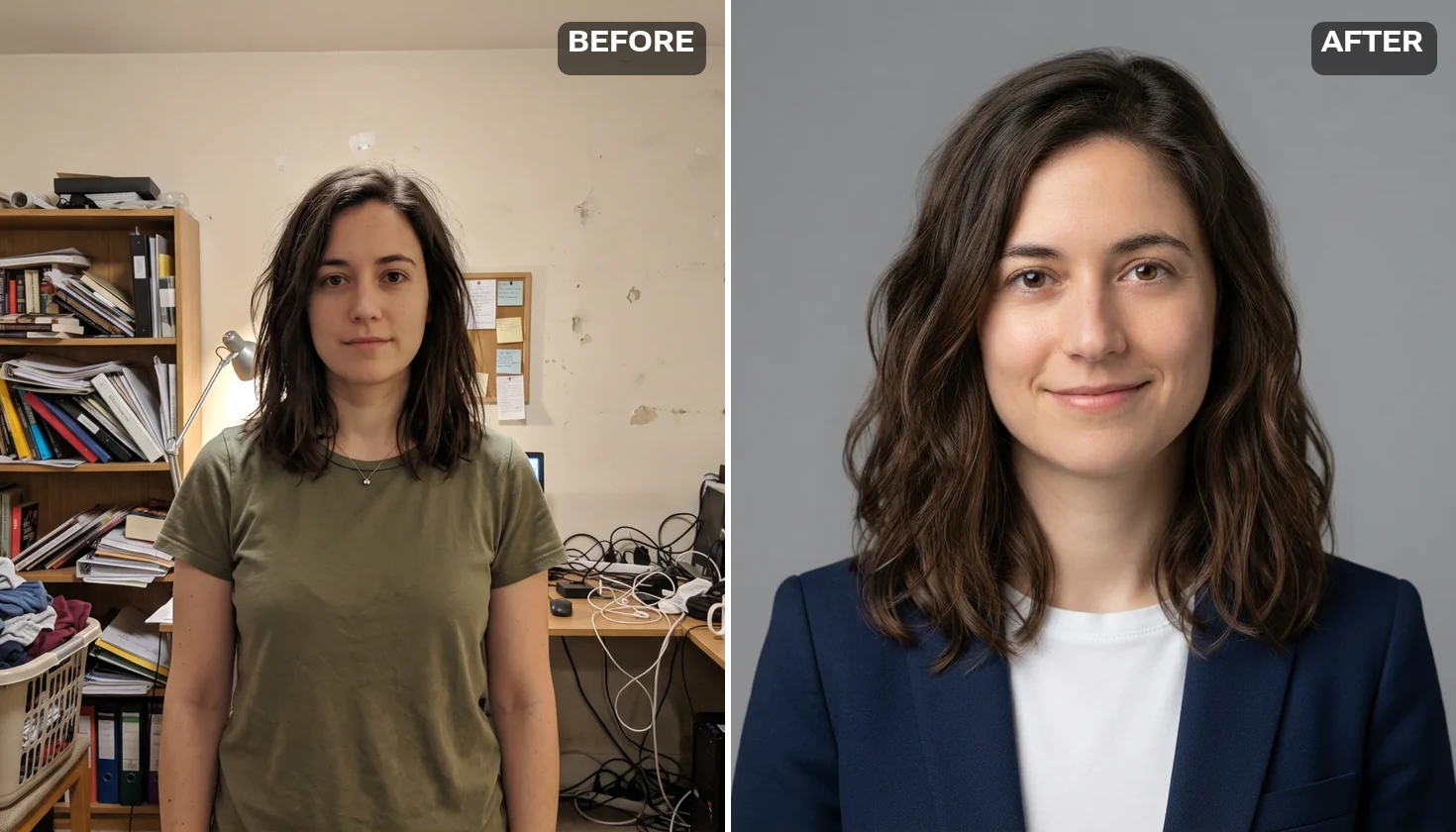 Resume headshot from a waist-up photo in a cluttered home office, turned into a grey studio headshot of the same AI-generated fictional woman
