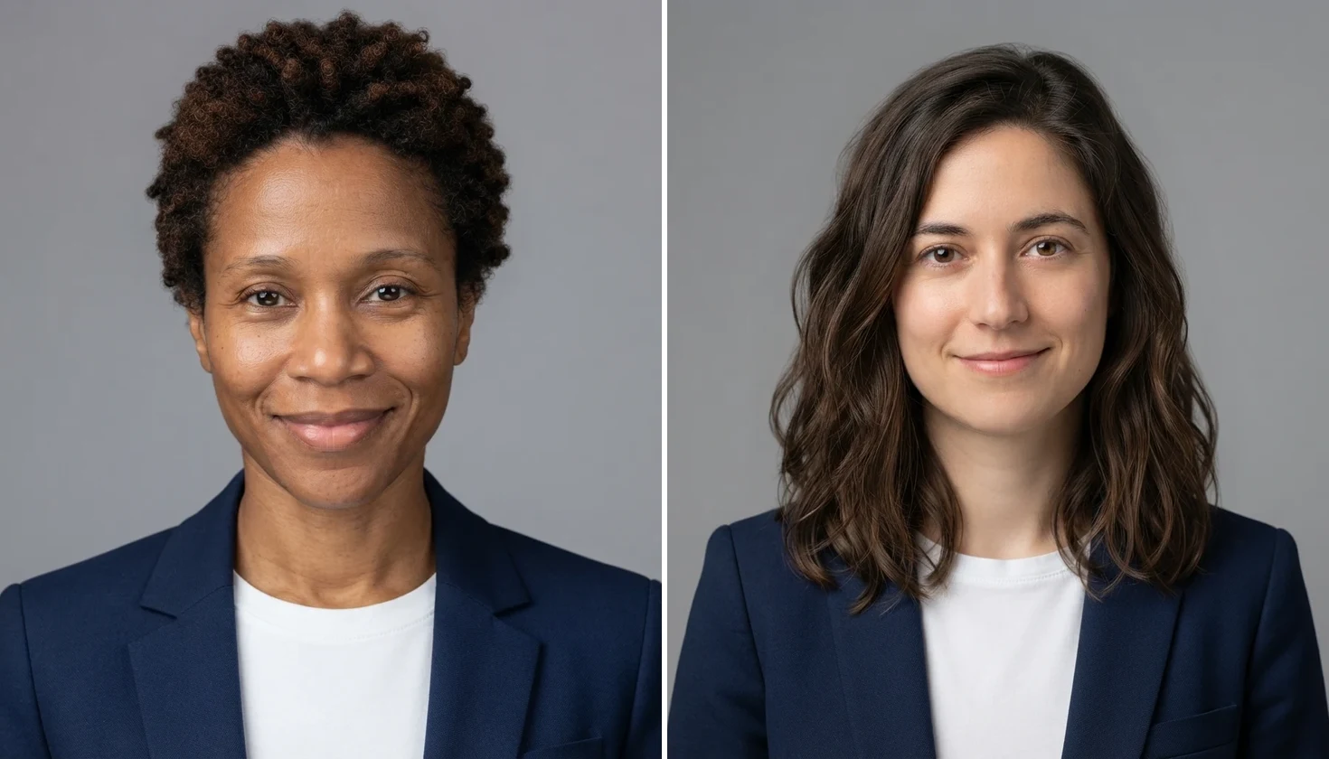 Two different AI-generated fictional people as matching corporate studio headshots with the same grey backdrop and lighting